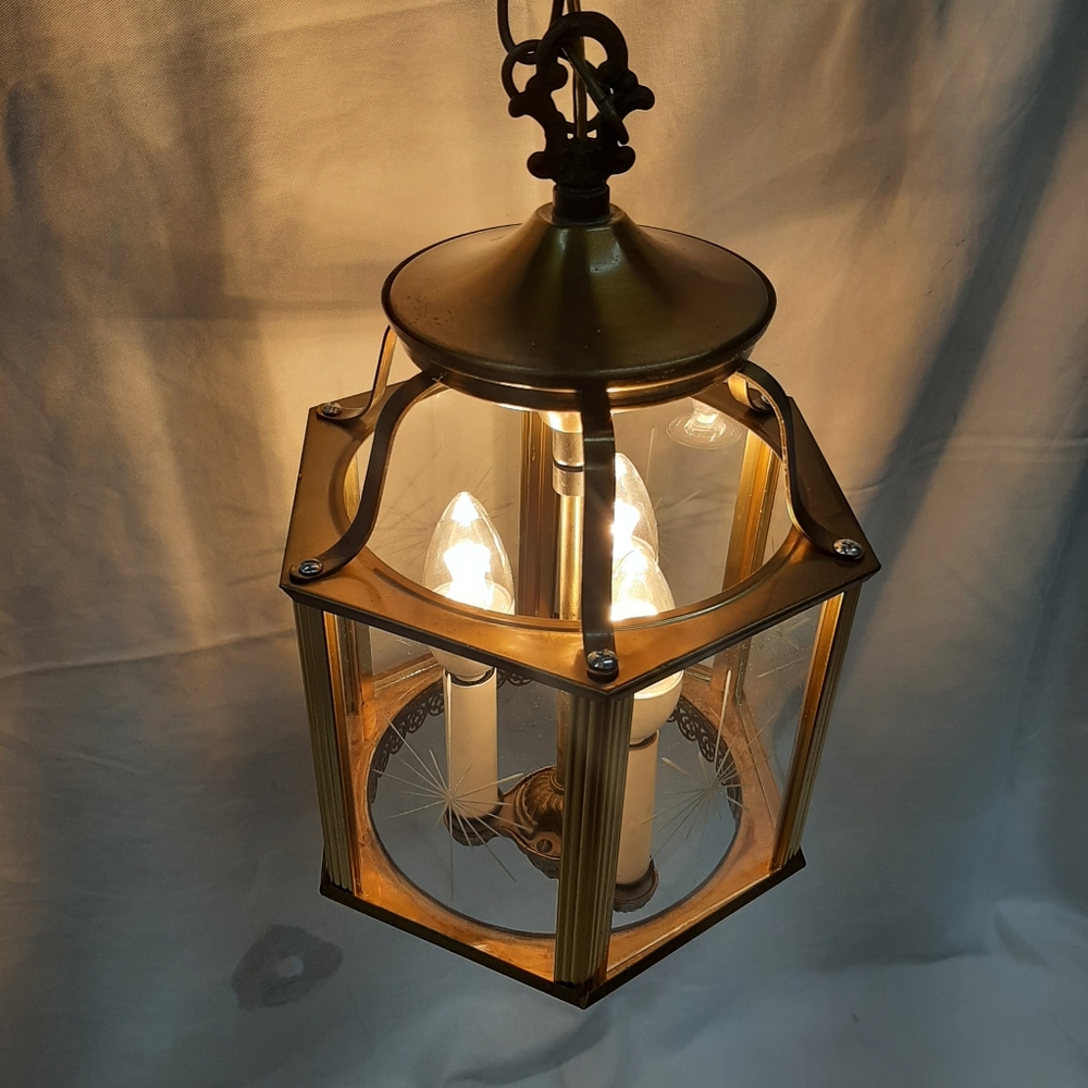 Mid century brass foyer light with etched glass panels